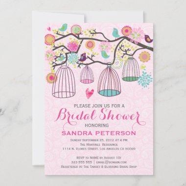 Hanging Bird Cages & Retro Flowers Bridal Shower Invitations