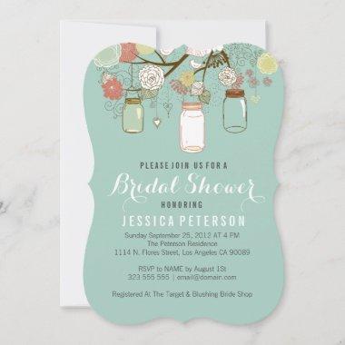 Hanging Mason Jar On Mint Bridal Shower Invitations
