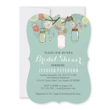 Hanging Mason Jar On Mint Bridal Shower Invitations