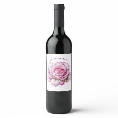 Happy Birthday Pink Roses and Sparkling Diamonds Wine Label