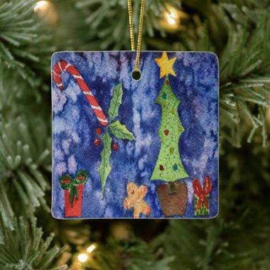 Happy Holidays Classic Christmas Icons Watercolor Ceramic Ornament