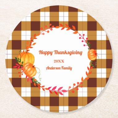 Happy Thanksgiving Pumpkin Brown Plaid Round Paper Coaster