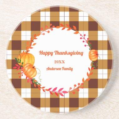 Happy Thanksgiving Pumpkin Plaid Brown Sandstone Coaster