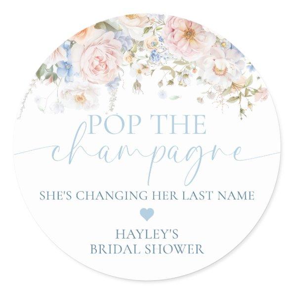 Hargrove Blue Floral Pop The Champagne Shower Classic Round Sticker