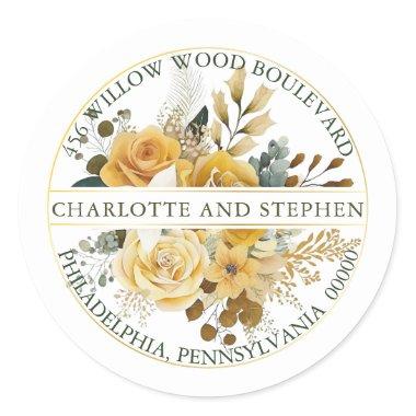 Harvest Gold | Cream Floral Bouquet Return Address Classic Round Sticker