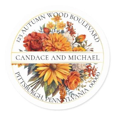 Harvest Gold Orange Floral Bouquet Return Address Classic Round Sticker