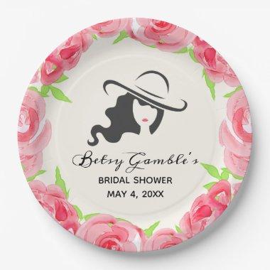 Hat and Watercolor Roses Derby Bridal Shower Paper Plates