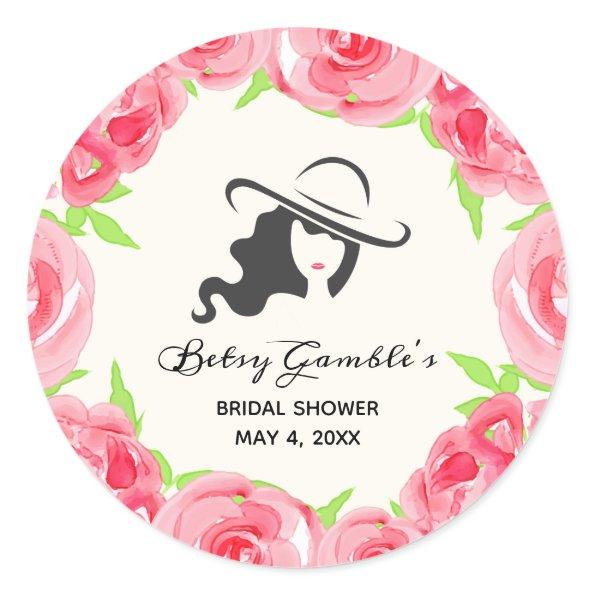 Hat Watercolor Roses Derby Bridal Shower Classic Round Sticker