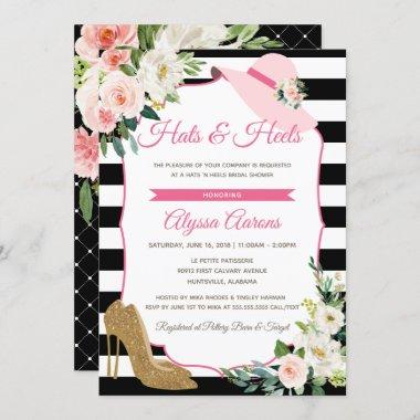 Hats & Heels Derby Black Pink Bridal Shower Floral Invitations