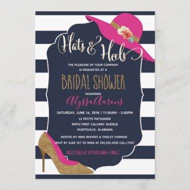 Hats & Heels Navy Blue Pink Bridal Shower Invitations