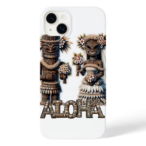 Hawaiian Polynesian Tiki Bride and Groom Wedding Case-Mate iPhone 14 Plus Case