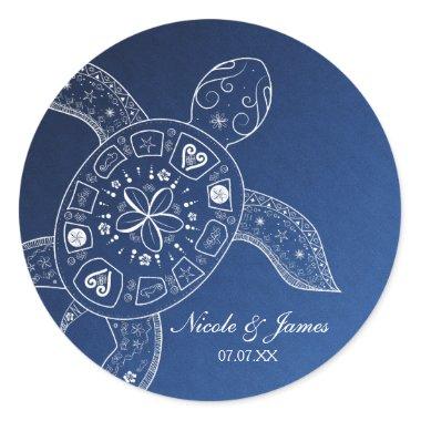 Hawaiian Sea Turtle White on Blue Beach Wedding Classic Round Sticker