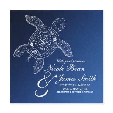 Hawaiian Sea Turtle White on Blue Beach Wedding Invitations