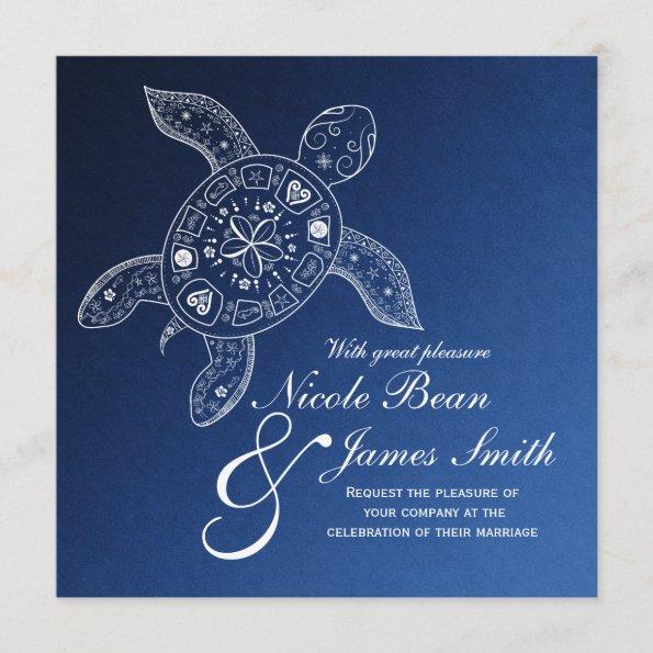 Hawaiian Sea Turtle White on Blue Beach Wedding Invitations