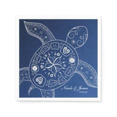 Hawaiian Sea Turtle White on Blue Beach Wedding Napkins