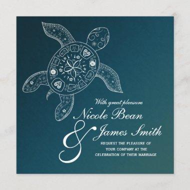 Hawaiian Sea Turtle White on Teal Beach Wedding Invitations