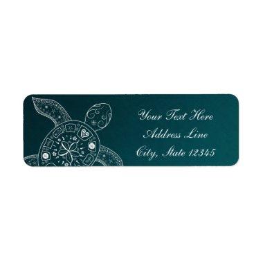 Hawaiian Sea Turtle White on Teal Beach Wedding Label