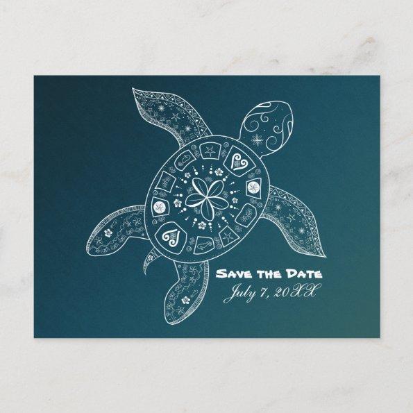 Hawaiian Sea Turtle White Teal Beach Save The Date Announcement PostInvitations