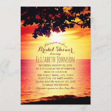Hawaiian Sunset Tropical Tree Beach Bridal Shower Invitations