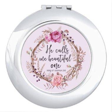He Calls Me Beautiful One, Pink Floral Compact Vanity Mirror