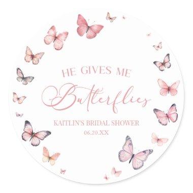 He Gives Me Butterflies Soft Pink Bridal Shower Classic Round Sticker