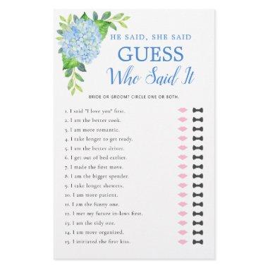 He Said She Said Blue Hydrangea Bridal Shower Game