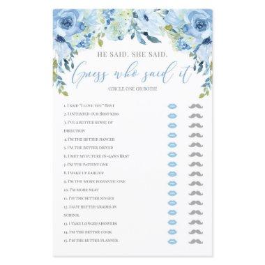 He said she said bridal shower game blue floral