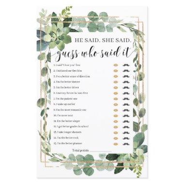 He said She said Bridal Shower Game Succulent boho