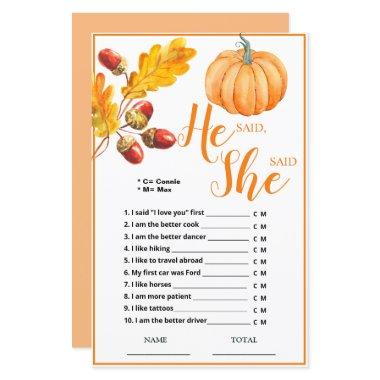 He said She said Fall Pumpkin Bridal Game