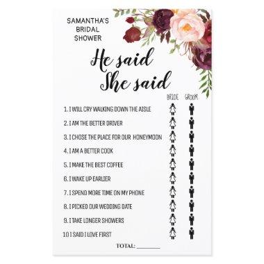 He said She said Marsala Floral Bridal Shower Game