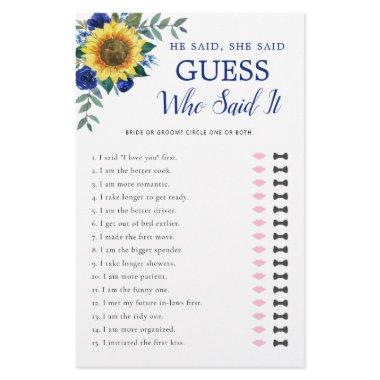 He Said She Said Sunflower Blue Bridal Shower Game