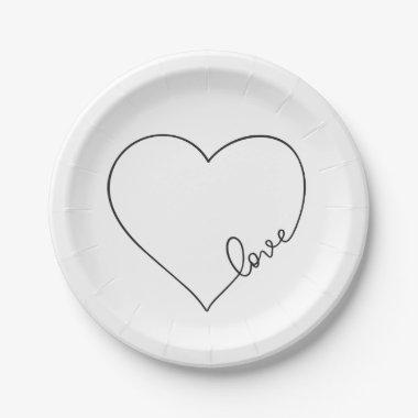 Heart Black White Wedding Bridal Shower Minimalist Paper Plates