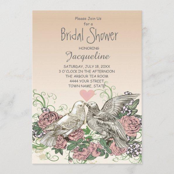 Heart Doves Rose Pink Romance Bridal Shower Invitations