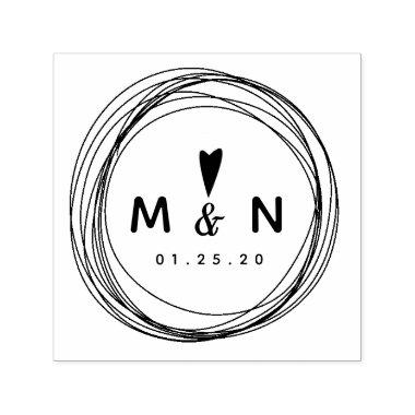 Heart Hand Drawn Rings Circular Heart Couples Name Self-inking Stamp