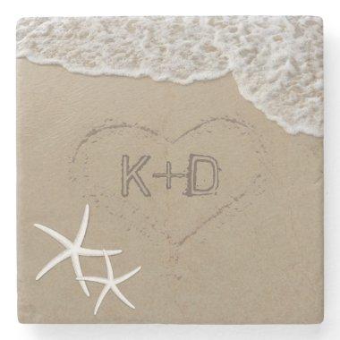 Heart in the Sand Starfish Summer Beach Wedding Stone Coaster