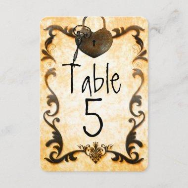 Heart Lock & Key Vintage Wedding Table Number Card