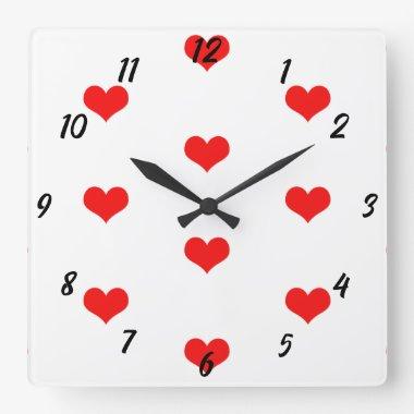 Heart Pattern Cute Red White Custom Valentines Day Square Wall Clock