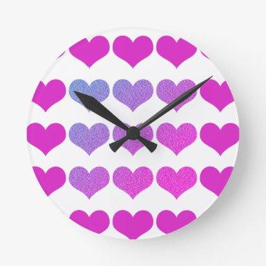 Heart Patterns Pink Purple Glitter Ombre Pretty Round Clock