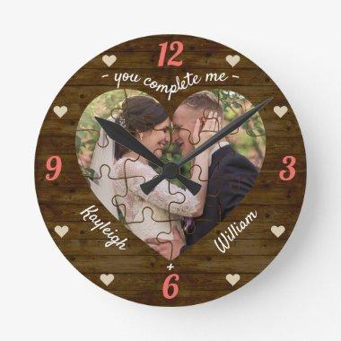 Heart Puzzle Wedding Photo Rustic You Complete Me Round Clock