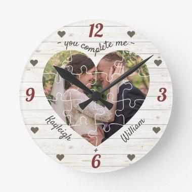 Heart Puzzle Wedding Photo You Complete Me Rustic Round Clock