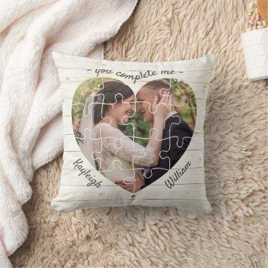 Heart Puzzle Wedding Photo You Complete Me Rustic Throw Pillow