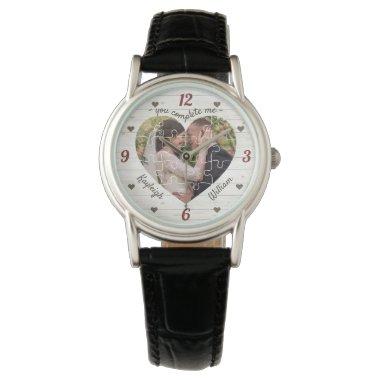 Heart Puzzle Wedding Photo You Complete Me Rustic Watch