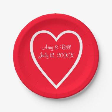 Heart Red White Wedding Custom Paper Plates 7"