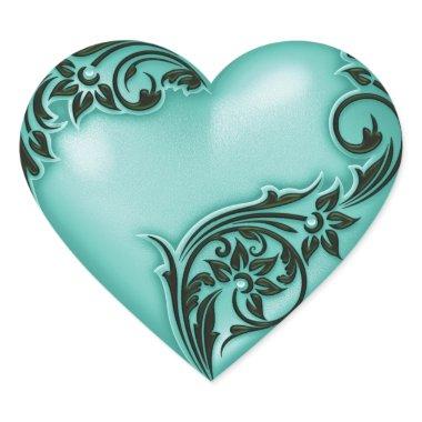 Heart Scroll Aqua w Black Heart Sticker