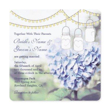 Heart-shaped Blue Hydrangea Mason Jar Wedding