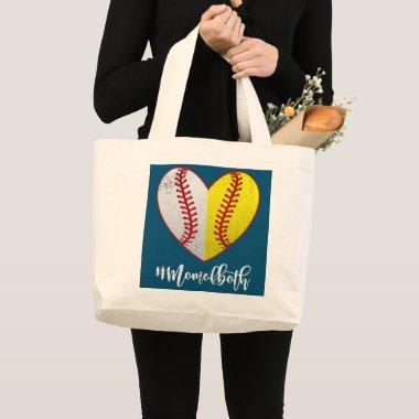 Heart Softball Baseball Mom Of Both Mother's Day Large Tote Bag