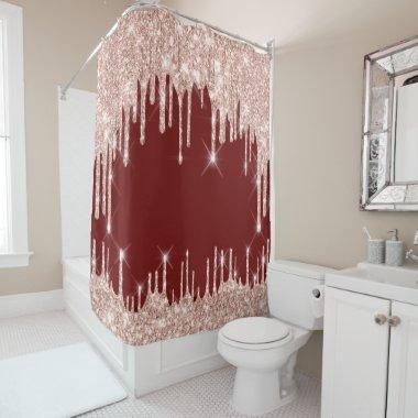 Hearts Glitter Drips Pink Rose Burgundy BORDEAUX Shower Curtain