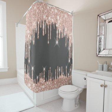 Hearts Glitter Drips Pink Rose Holographic Gray Shower Curtain
