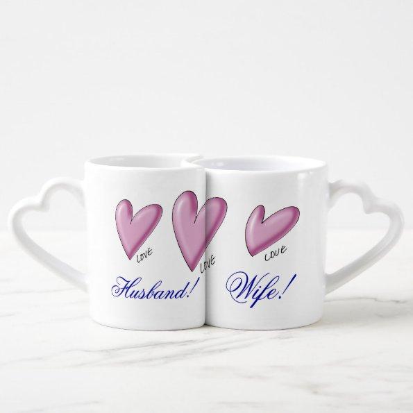 Hearts Husband Wife, Bride Groom, Lovers' Mug Set.