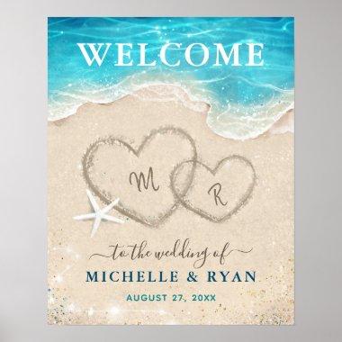 Hearts in the Sand Beach Wedding Welcome Party Poster
